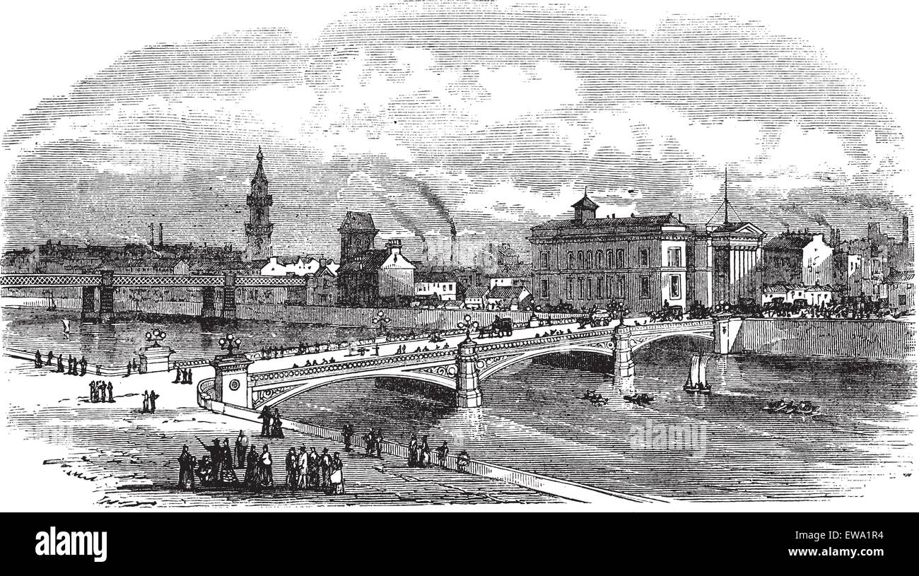 Albert bridge in Glasgow, Scozia, durante il 1890s, vintage incisione. Vecchie illustrazioni incise di Albert bridge con sede, Illustrazione Vettoriale