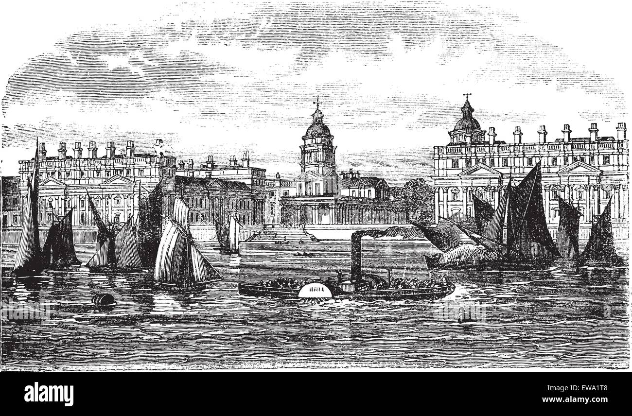 Ospedale di Greenwich o Ospedale Reale per i marinai, Greenwich, Inghilterra, durante il 1890s, vintage incisione. Vecchio illustrat inciso Illustrazione Vettoriale