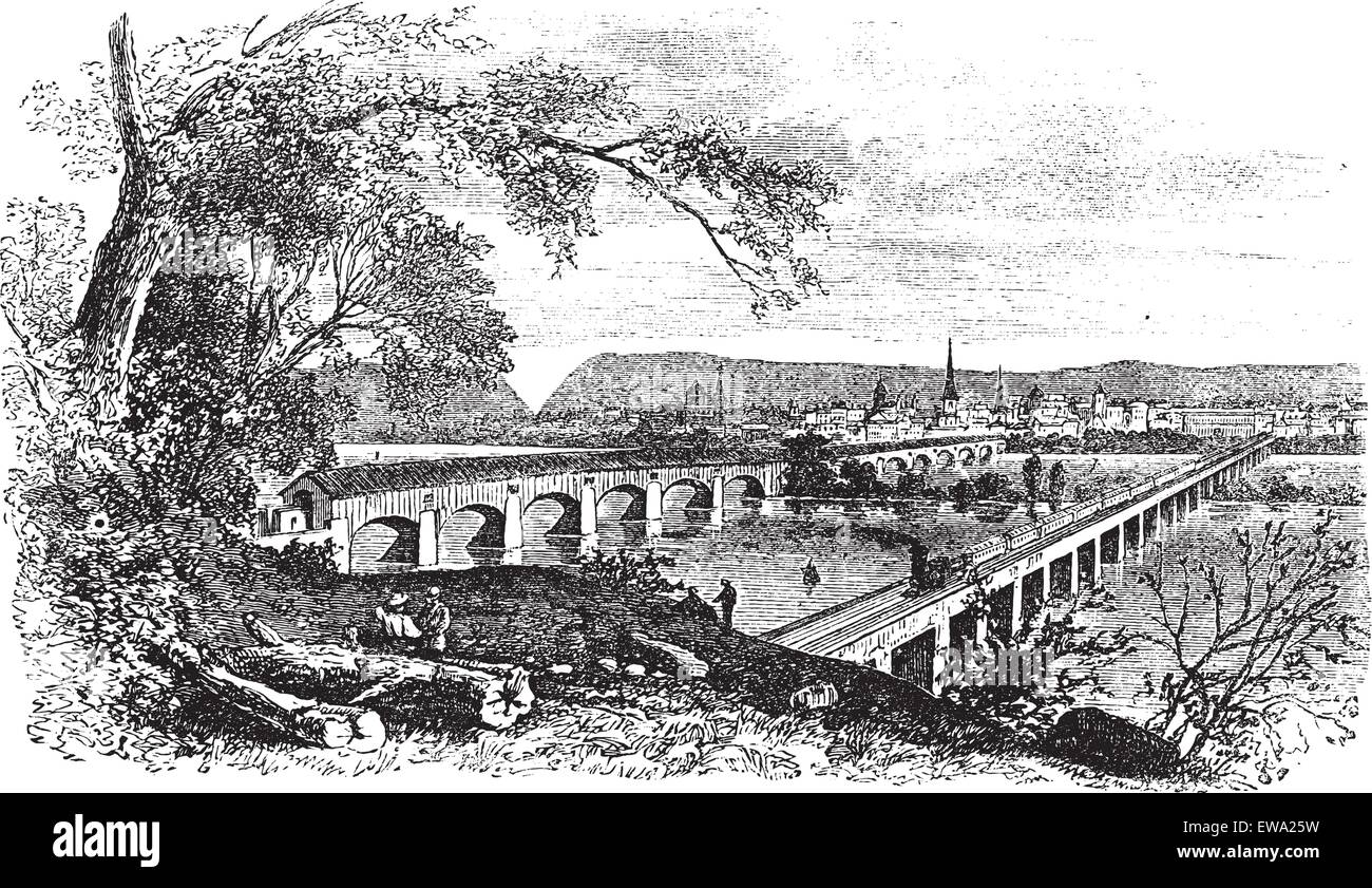 Harrisburg, Pennsylvania, Stati Uniti vista dalla riva sinistra del Susquehanna vintage incisione. Vecchie illustrazioni incise o Illustrazione Vettoriale