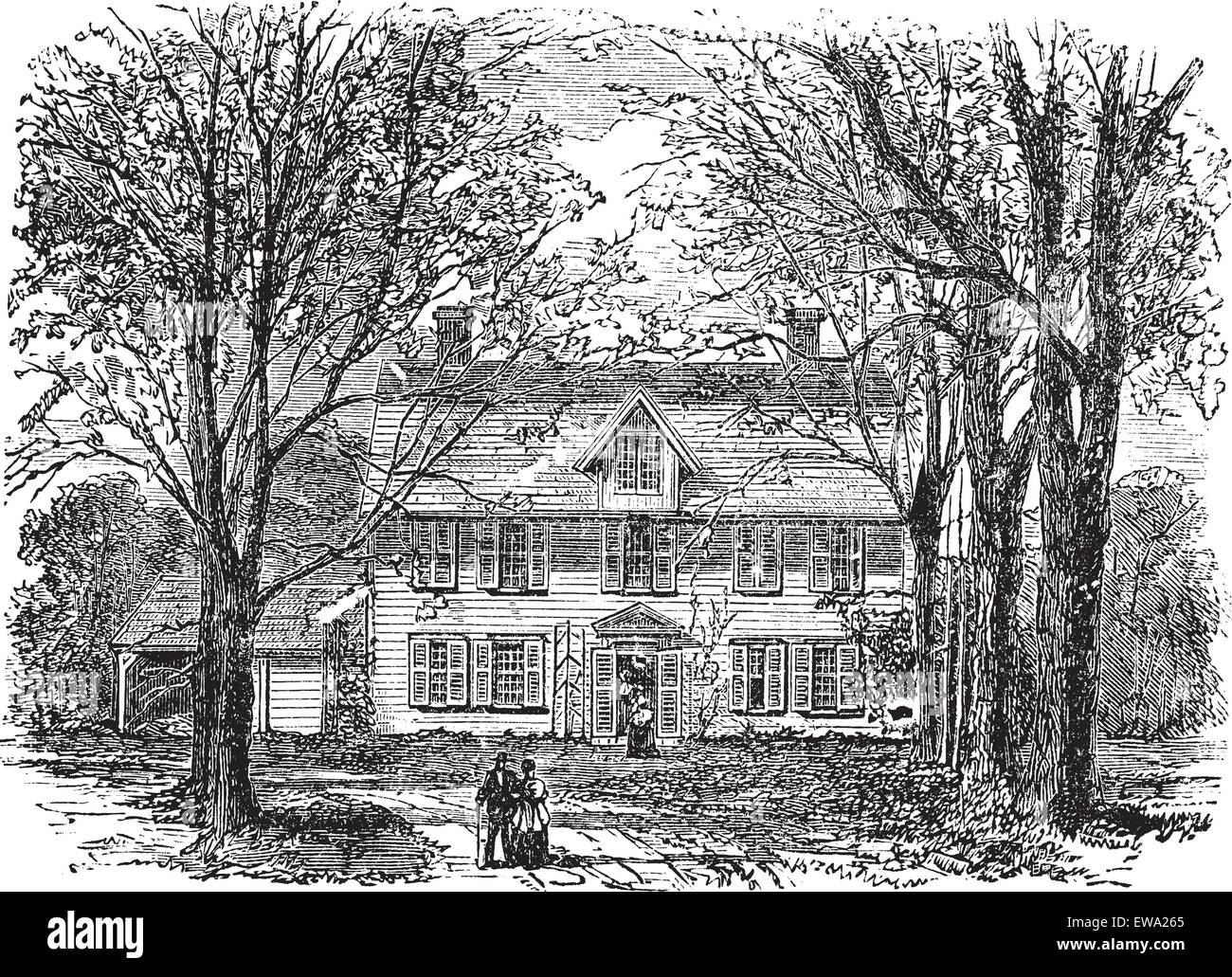 Hawthorne House presso Concord, Massachusetts vintage incisione. Vecchie illustrazioni incise di percorso orlate da alberi che conduce verso il vecchio uomo Illustrazione Vettoriale