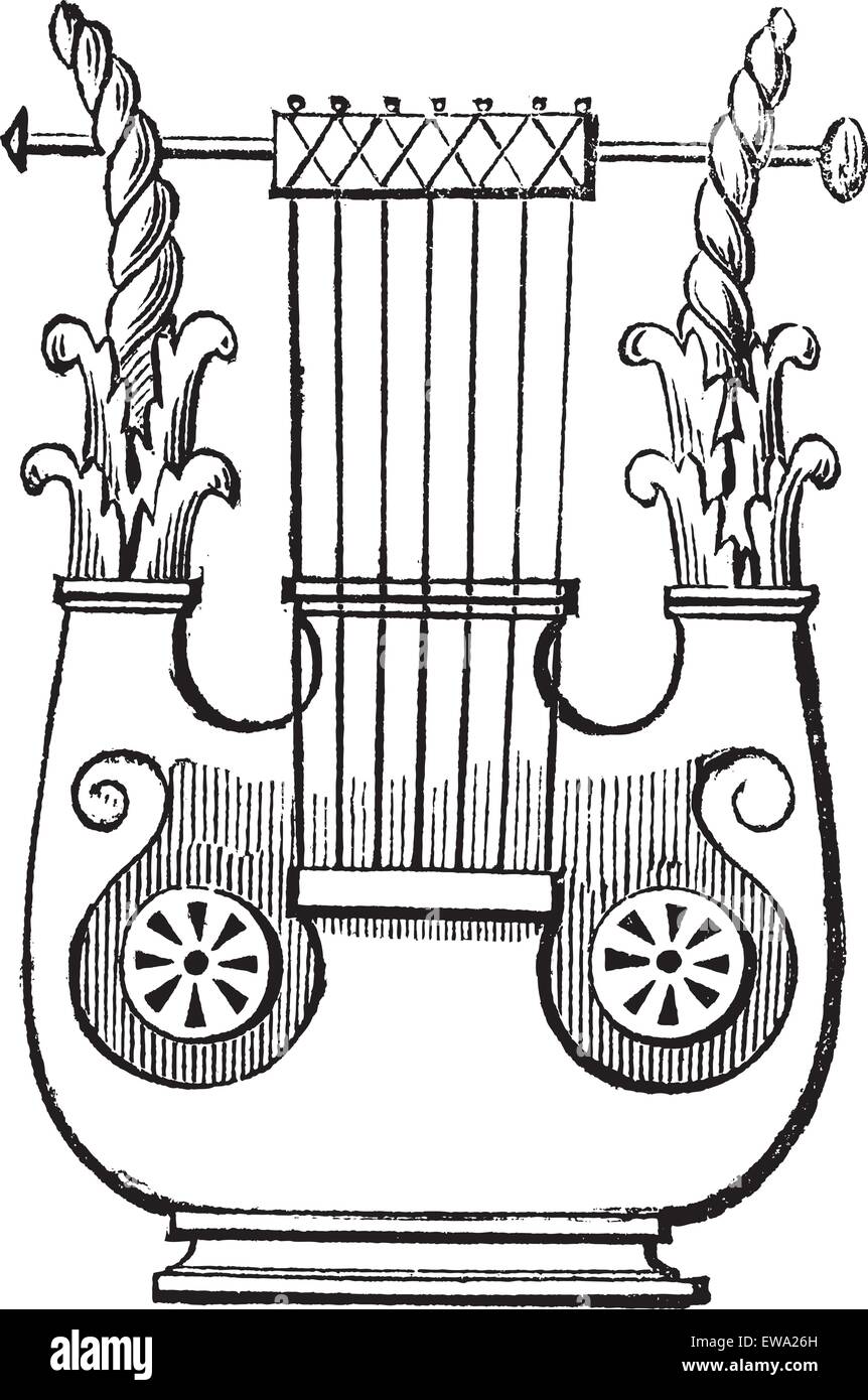 Vintage Heptacorde incisione. Vecchie illustrazioni incise di antichi strumenti musicali heptacorde. Illustrazione Vettoriale