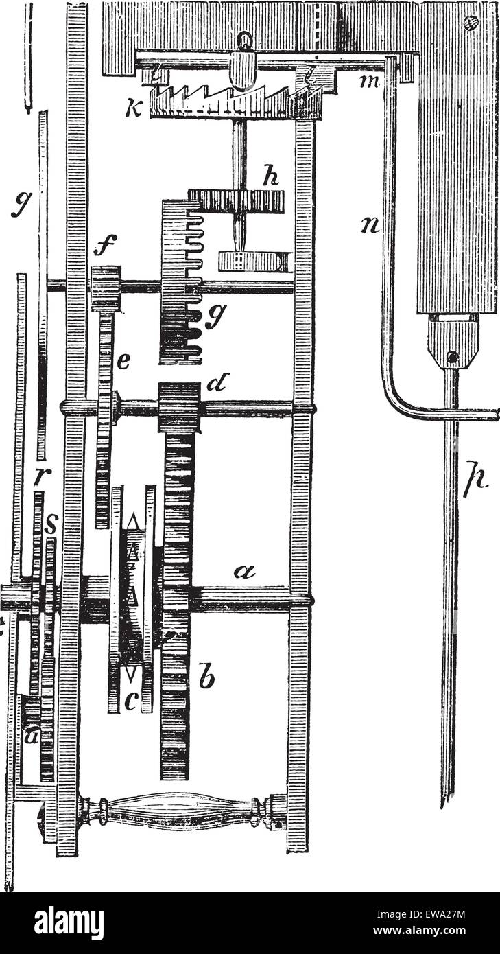 Huygens o orologio orologio a pendolo, vintage incisione. Vecchie illustrazioni incise di Huygens orologio con il suo funzionamento parti, isola Illustrazione Vettoriale