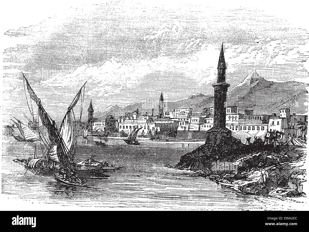 Jeddah o Jiddah o Jidda o Jedda in Arabia Saudita, durante il 1890, incisione d'annata. Vecchia illustrazione incisa di Jeddah con barche in movimento davanti. Illustrazione Vettoriale