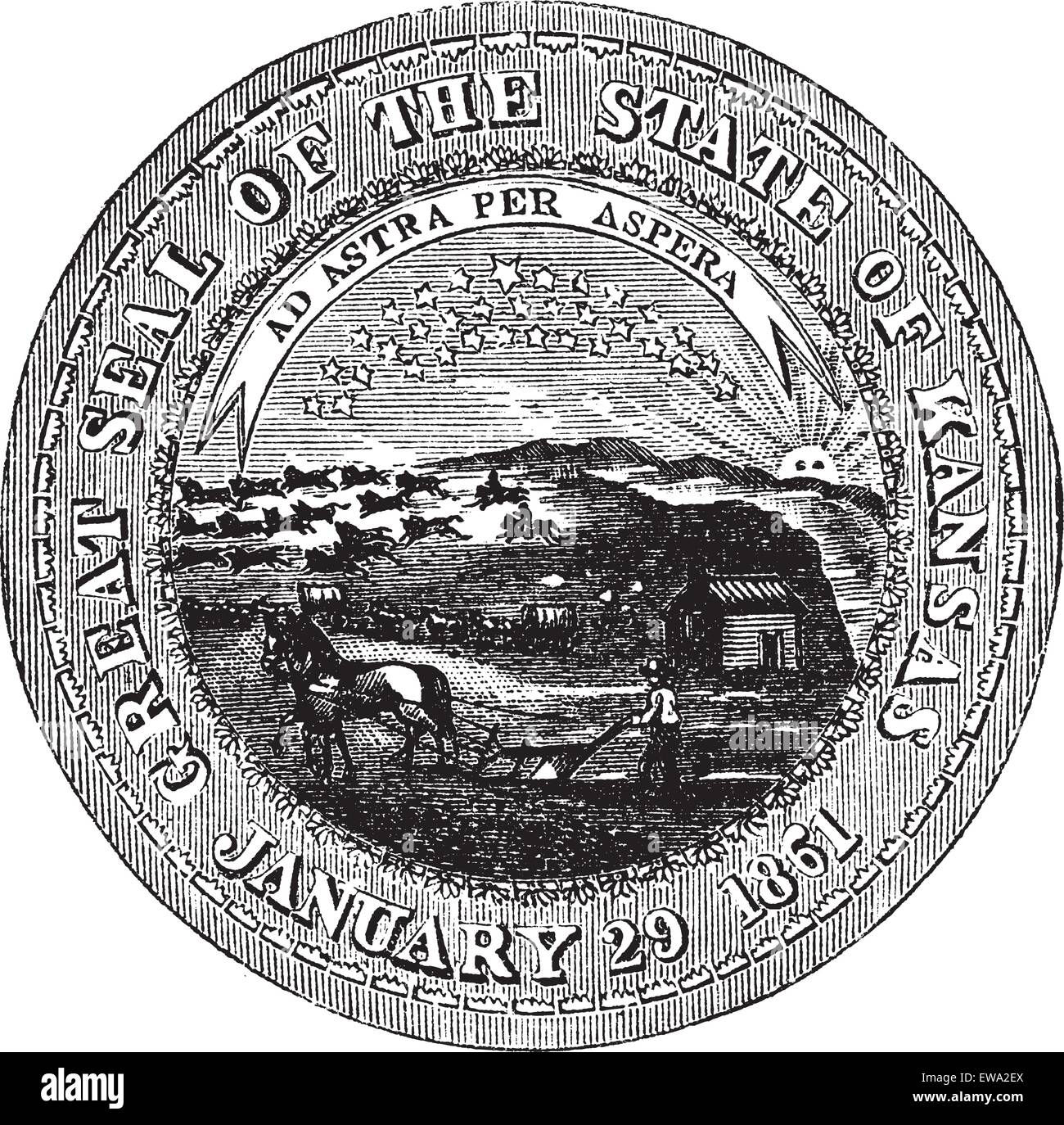 Il Grande Sigillo dello Stato del Kansas incisione vintage> vecchie illustrazioni incise della guarnizione di tenuta dello stato del Kansas. Illustrazione Vettoriale