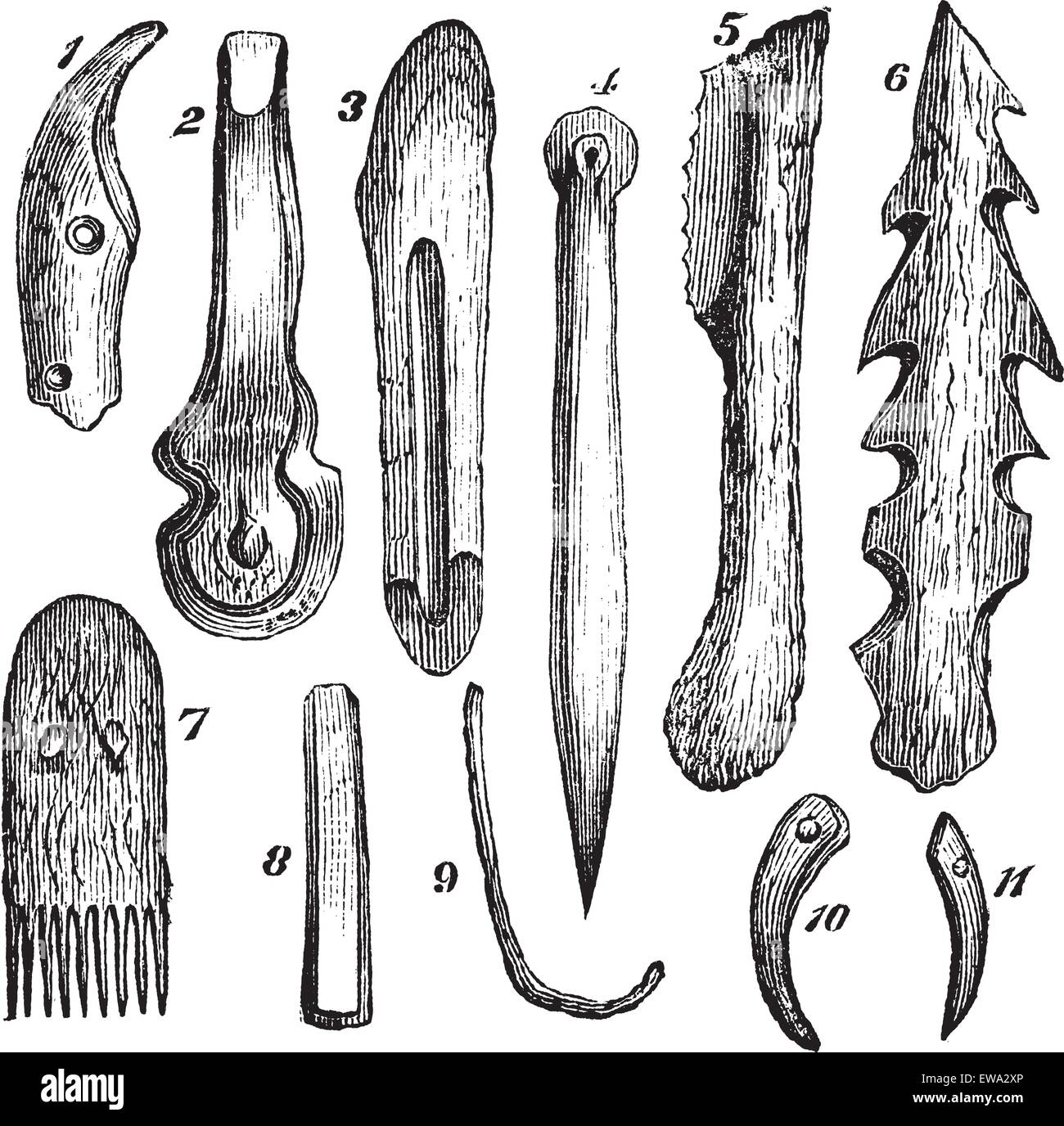 Gli attrezzi di osso, Selce e legno, trovati in Moosseedorf vintage incisione. Vecchie illustrazioni incise della 1.a coltello cinghiale dente 2.osso Illustrazione Vettoriale