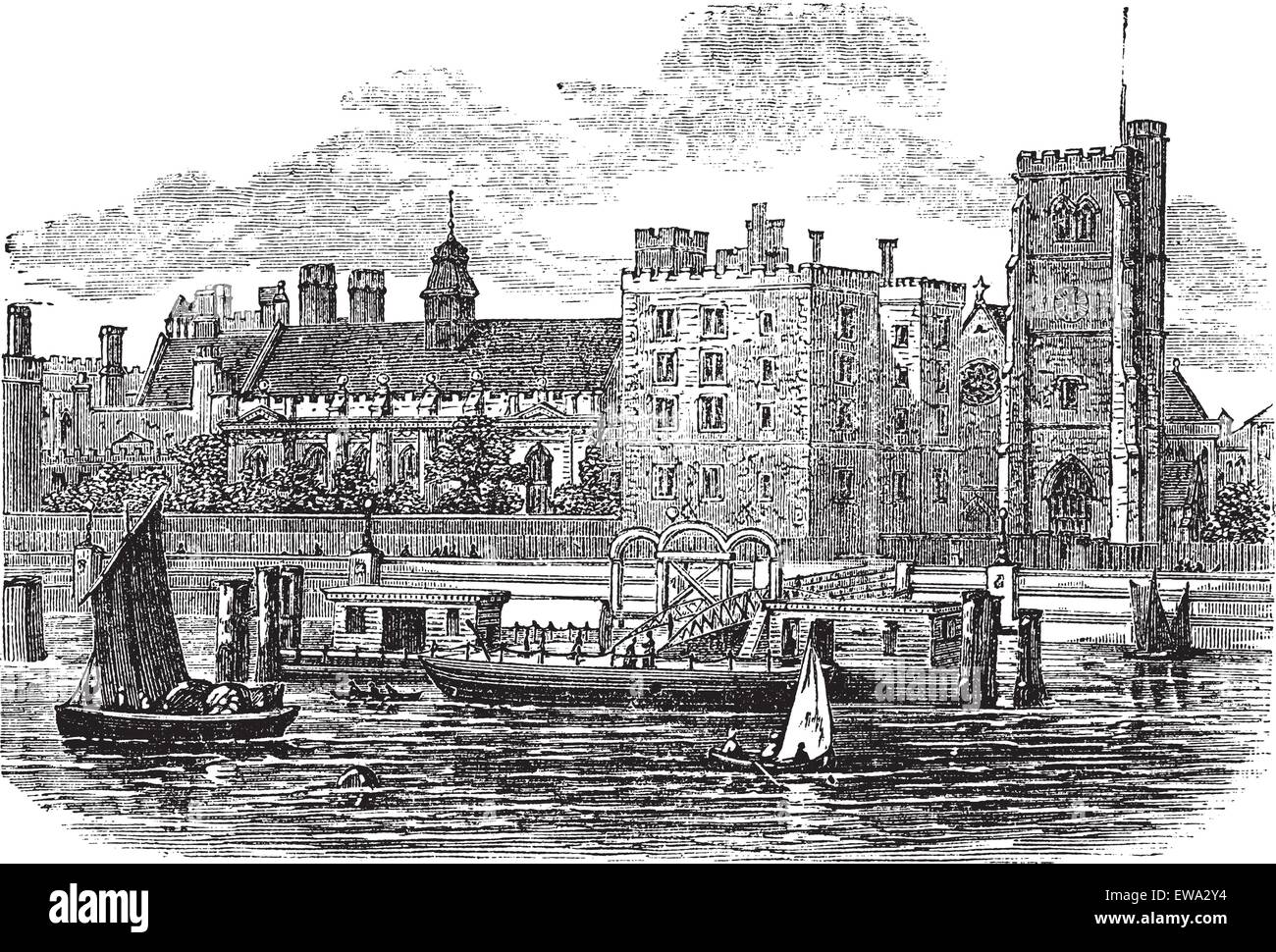 Lambeth Palace di Londra vintage incisione. Vecchie illustrazioni incise della famosa Lambeth Palace a Londra, 1800s. Illustrazione Vettoriale