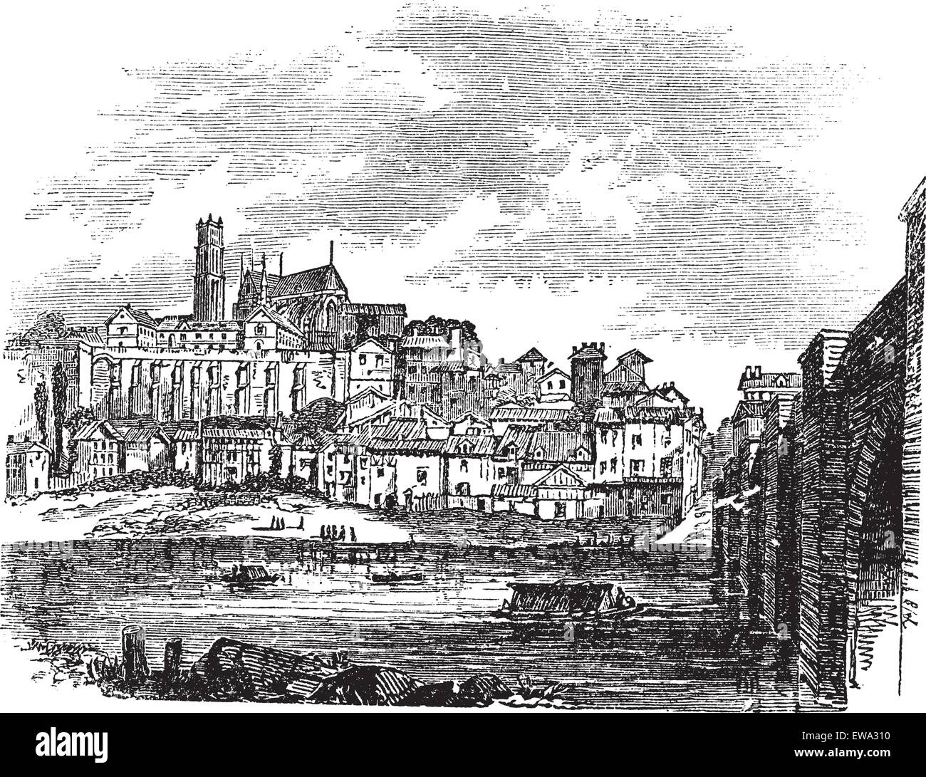 Gli edifici di vecchia costruzione di Limoges, Francia. vintage illustrazioni incise. Trousset enciclopedia (1886 - 1891). Illustrazione Vettoriale