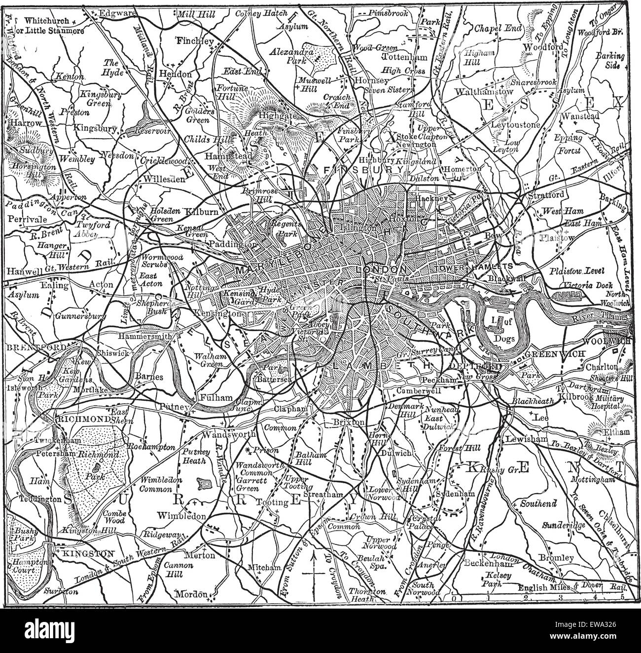 Londra e i suoi dintorni, durante il 1890s, vintage incisione. Vecchie illustrazioni incise della mappa di Londra con i suoi dintorni. Illustrazione Vettoriale