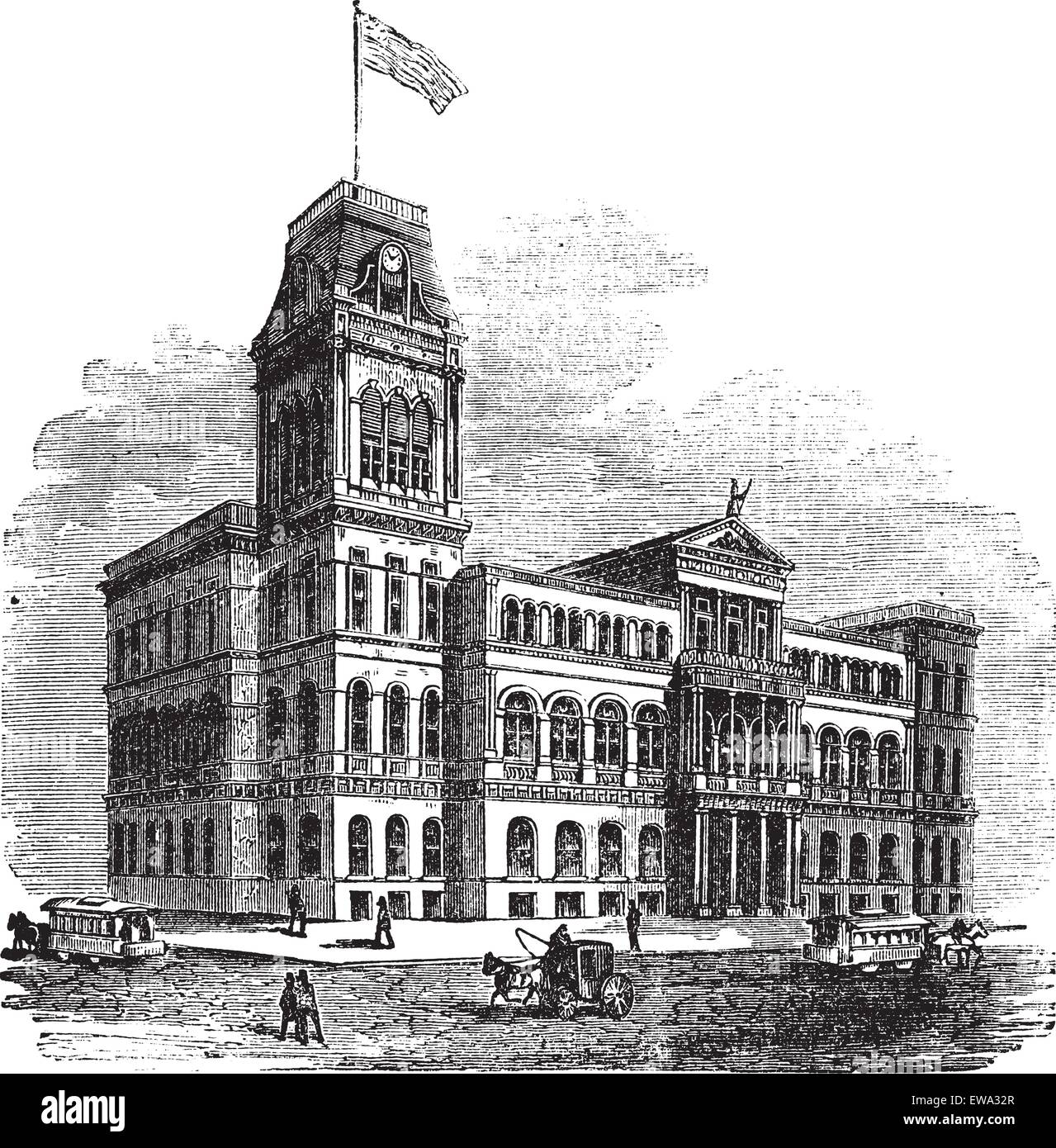 Louisville City Hall di Louisville, Kentucky, Stati Uniti, durante il 1890s, vintage incisione. Vecchie illustrazioni incise di Louisville Municipio con la gente e spostando il carrello nella parte anteriore. Illustrazione Vettoriale