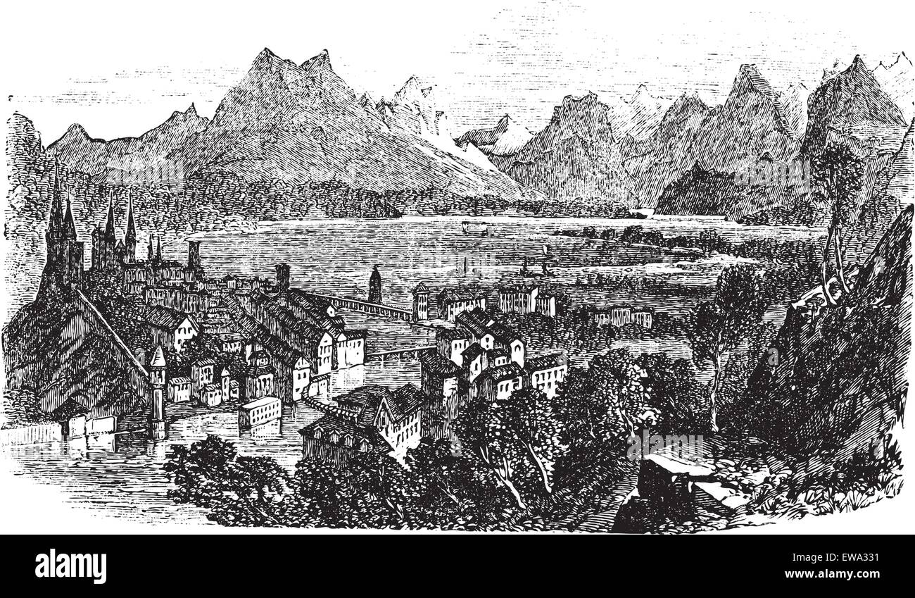 Lucerna in Svizzera, durante il 1890s, vintage incisione. Vecchie illustrazioni incise di Lucerna con il fiume Reuss. Illustrazione Vettoriale