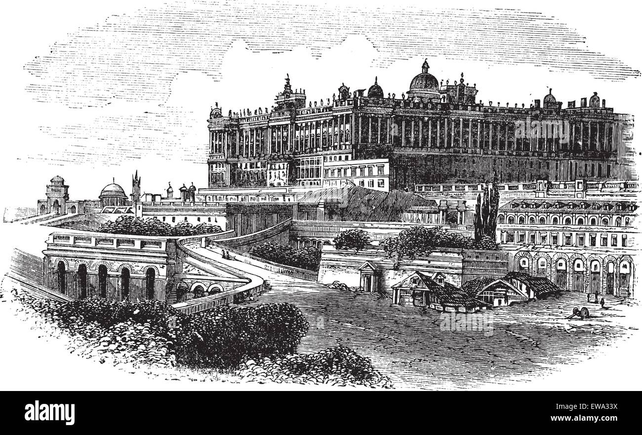 Il Palazzo Reale di Madrid in Spagna durante il 1890s, vintage incisione. Vecchie illustrazioni incise del Palazzo Reale di Madrid. Illustrazione Vettoriale