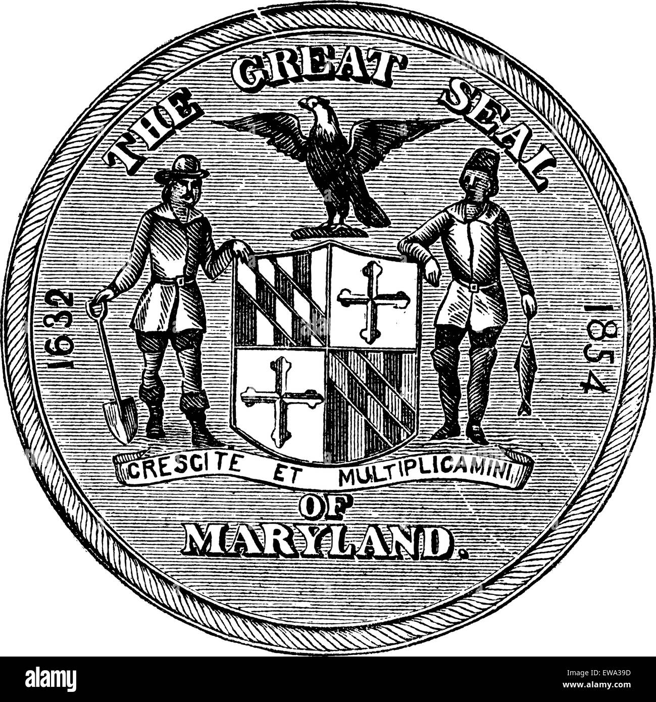 Grande Sigillo dello Stato del Maryland, Stati Uniti, vintage incisione. Vecchie illustrazioni incise di grande sigillo dello Stato del Maryland isolato su uno sfondo bianco. Illustrazione Vettoriale