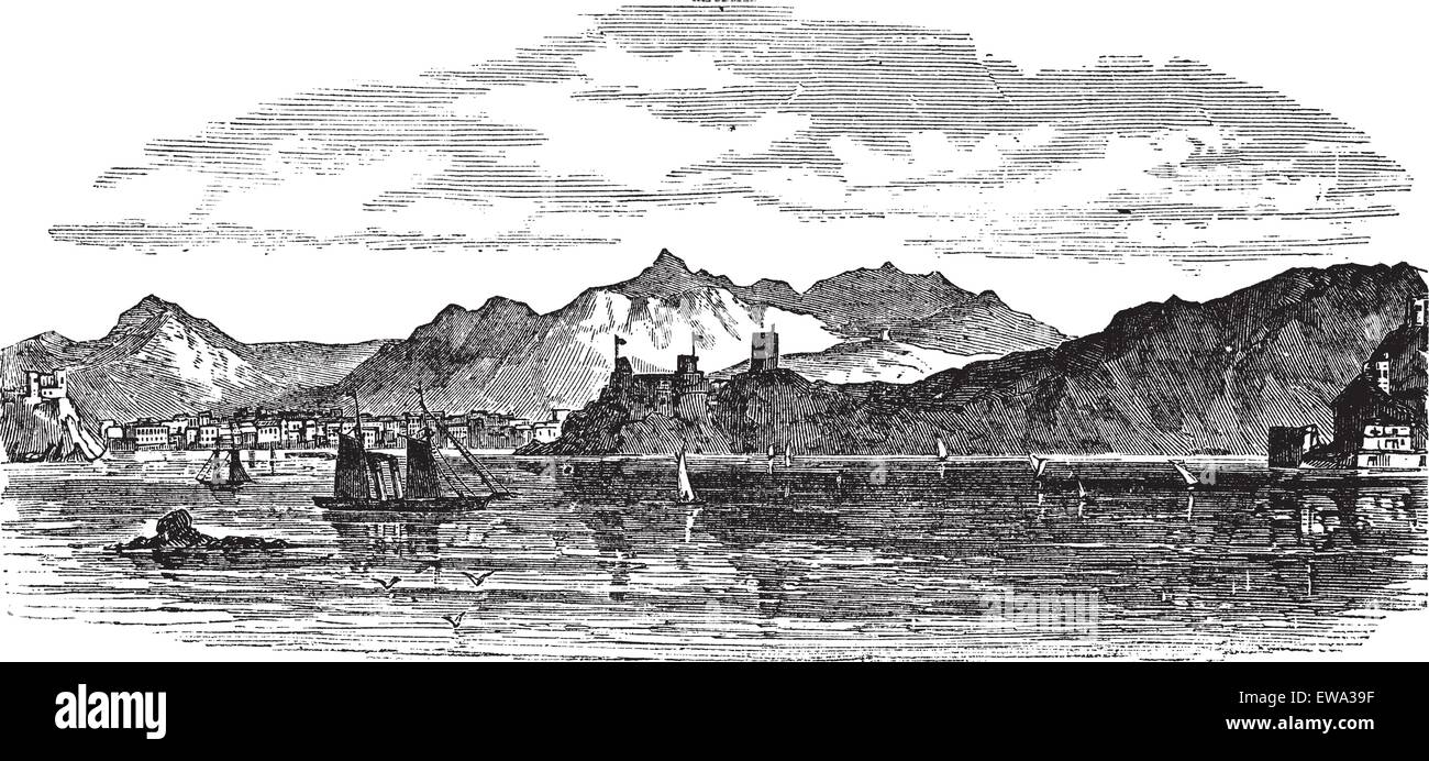 In Muscat Oman, durante il 1890s, vintage incisione. Vecchie illustrazioni incise di Muscat con il mare di fronte. Illustrazione Vettoriale