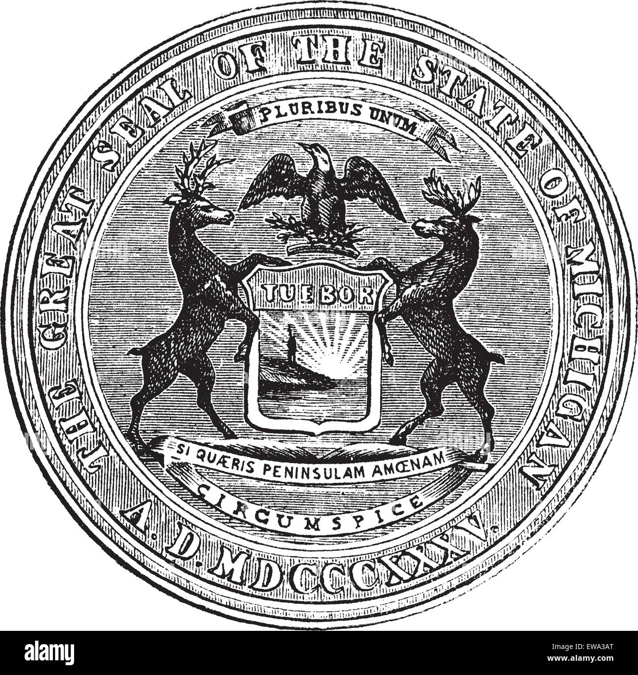 La guarnizione dello stato del Michigan, vintage illustrazioni incise. Trousset enciclopedia (1886 - 1891). Illustrazione Vettoriale