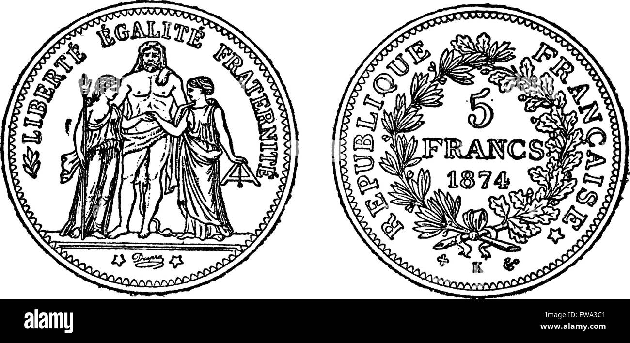 Pezzo di argento 5 franchi, vintage illustrazioni incise. Trousset enciclopedia (1886 - 1891). Illustrazione Vettoriale