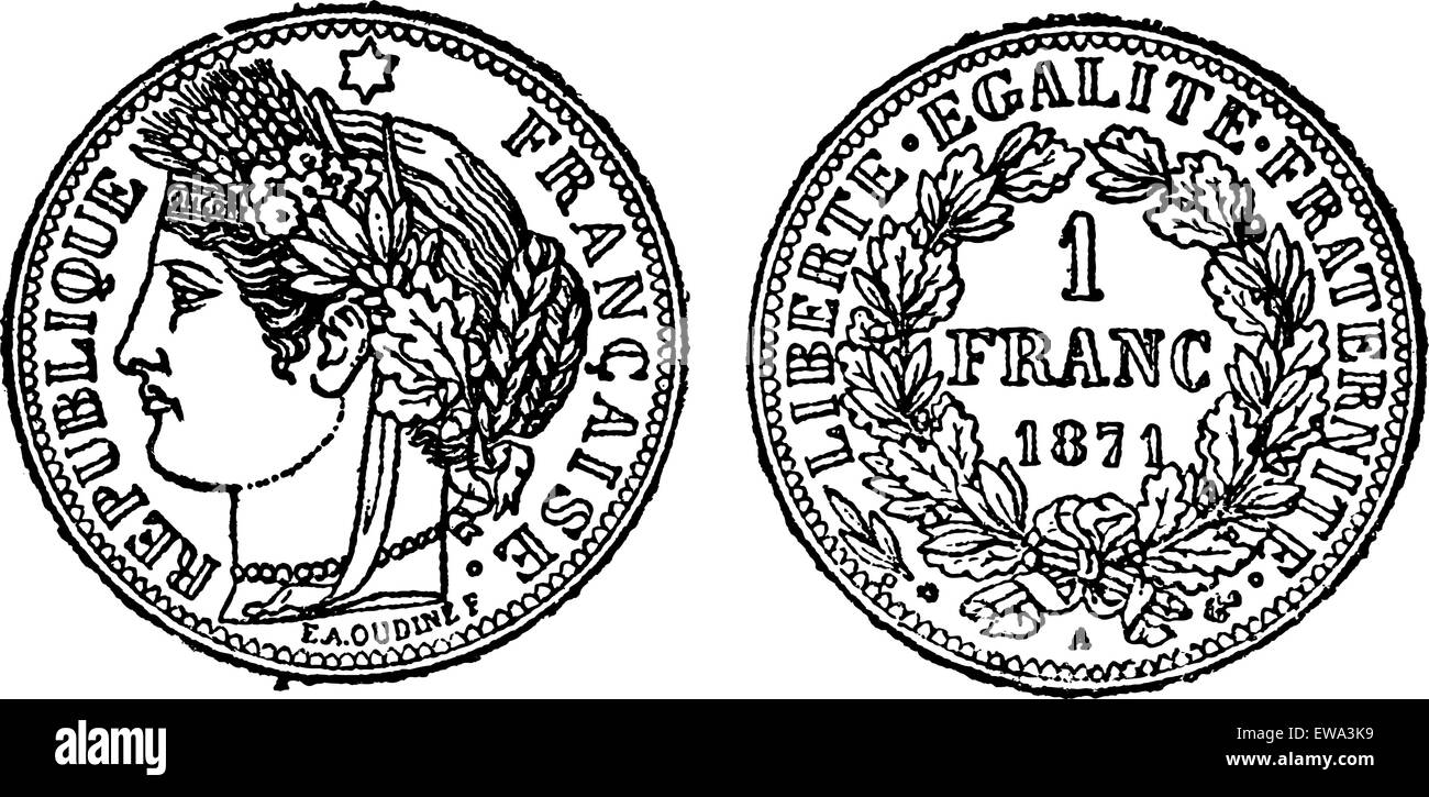Pezzo di argento 1 franc, vintage illustrazioni incise. Trousset enciclopedia (1886 - 1891). Illustrazione Vettoriale