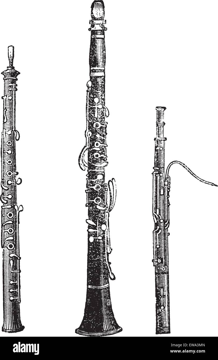 Flauto, clarinetto e fagotto, vintage illustrazioni incise. Trousset enciclopedia (1886 - 1891). Illustrazione Vettoriale