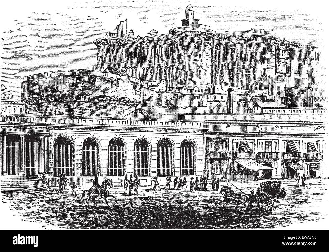 Castel Nuovo di Napoli, campania, Italy, vintage illustrazioni incise. Trousset enciclopedia (1886 - 1891). Illustrazione Vettoriale