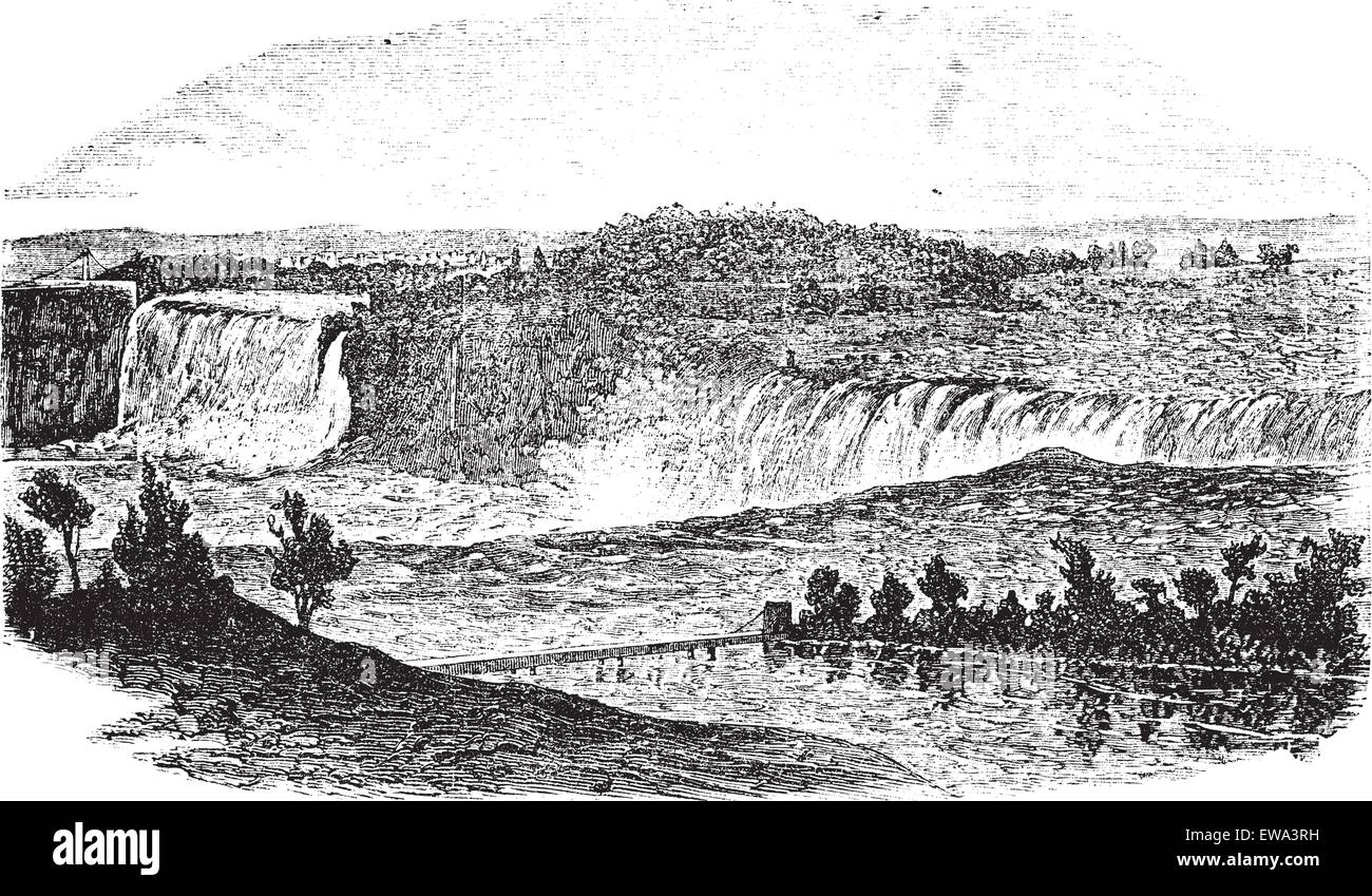 Cascate del Niagara in Ontario, Canada e New York, Stati Uniti d'America, vintage illustrazioni incise. Trousset enciclopedia (1886 - 1891). Illustrazione Vettoriale