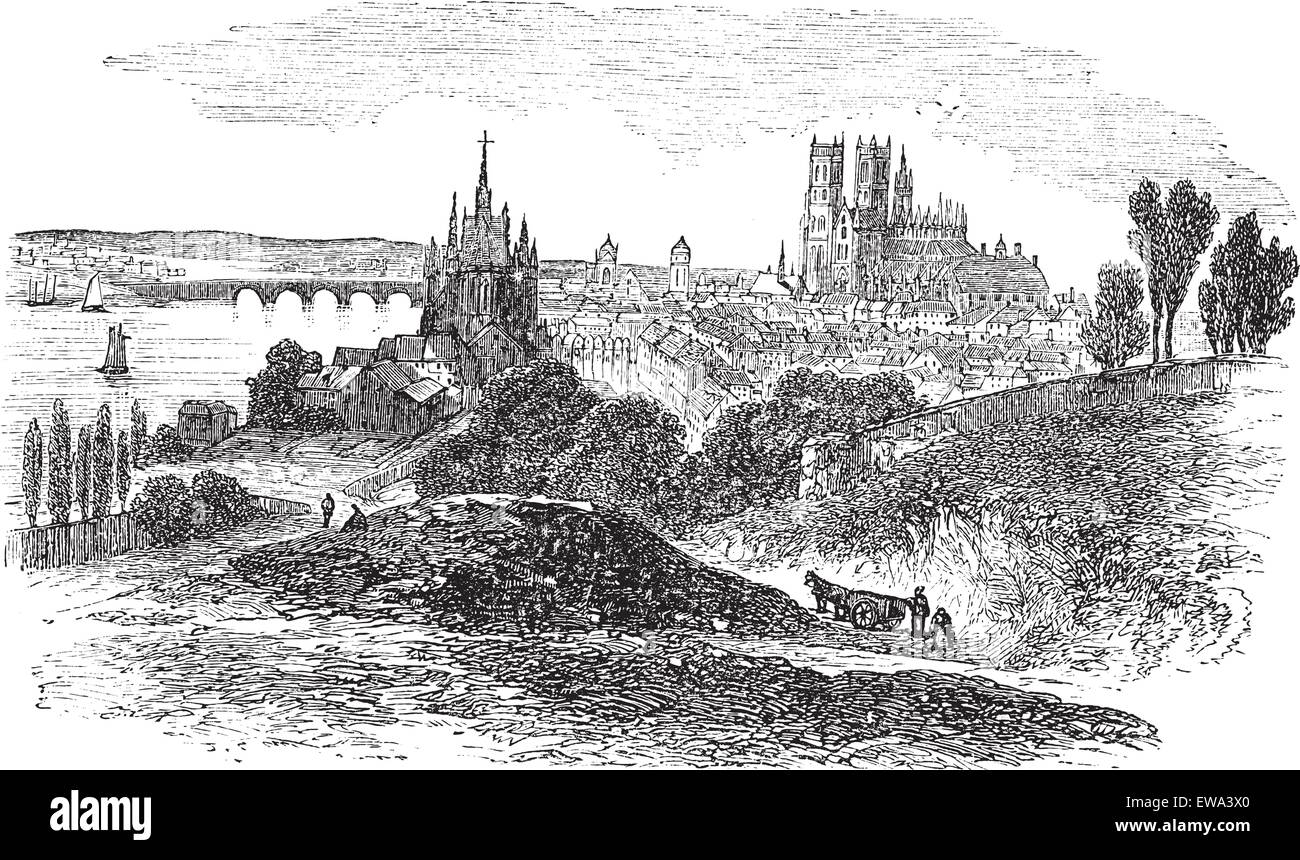 Paesaggio urbano della città di Orleans, Francia, vintage illustrazioni incise. Trousset enciclopedia (1886 - 1891). Illustrazione Vettoriale
