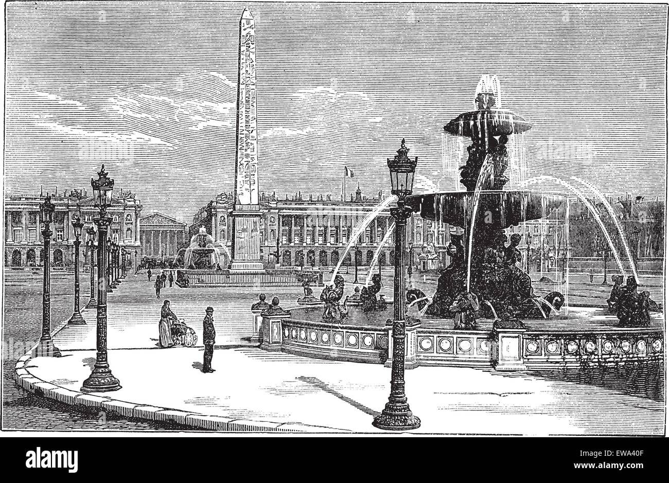 Place de la Concorde a Parigi, Francia, durante il 1890s, vintage incisione. Vecchie illustrazioni incise di Place de la Concorde con il funzionamento di fontane e la gente intorno a. Illustrazione Vettoriale