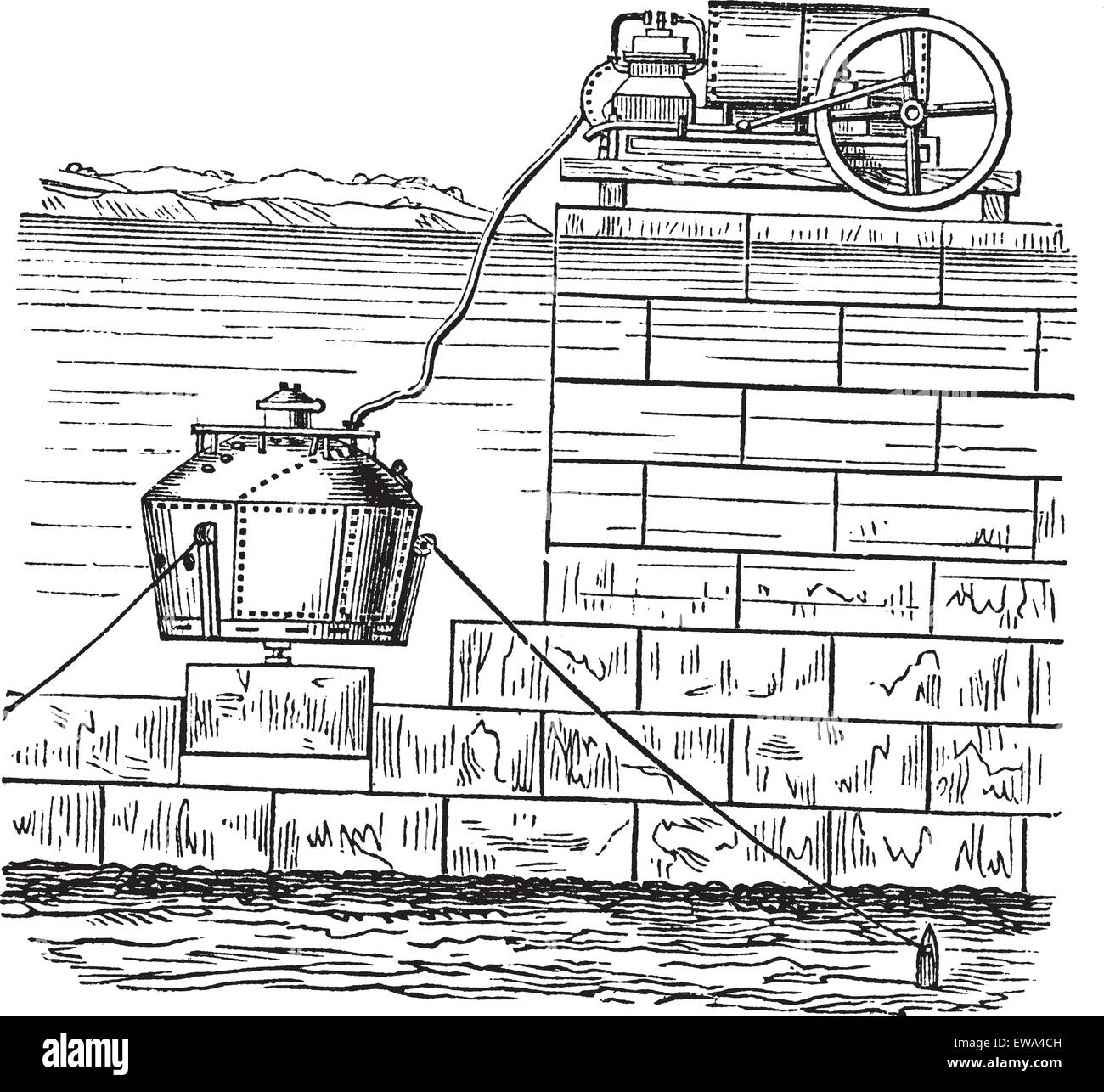 Nautilus Diving Camera, vintage illustrazioni incise. Trousset enciclopedia (1886 - 1891). Illustrazione Vettoriale