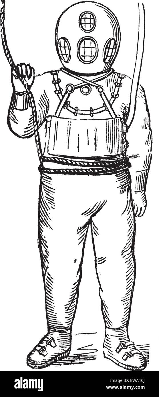 Subacqueo in superficie-fornito di attrezzature subacquee, vintage illustrazioni incise. Trousset enciclopedia (1886 - 1891). Illustrazione Vettoriale