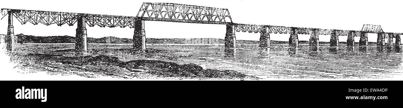 Viadotto Ponte a Louisville, Kentucky, Ohio, Stati Uniti d'America, vintage illustrazioni incise. Trousset enciclopedia (1886 - 1891). Illustrazione Vettoriale