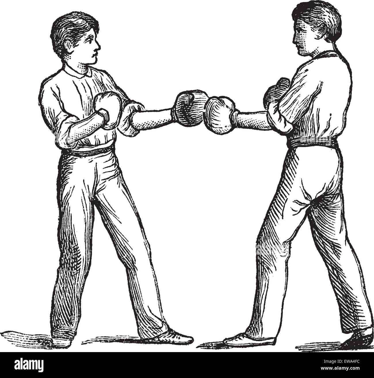 Due Pugili in una posizione di combattimento, vintage incisione. Vecchie illustrazioni incise di due pugili in una posizione di combattimento. Illustrazione Vettoriale