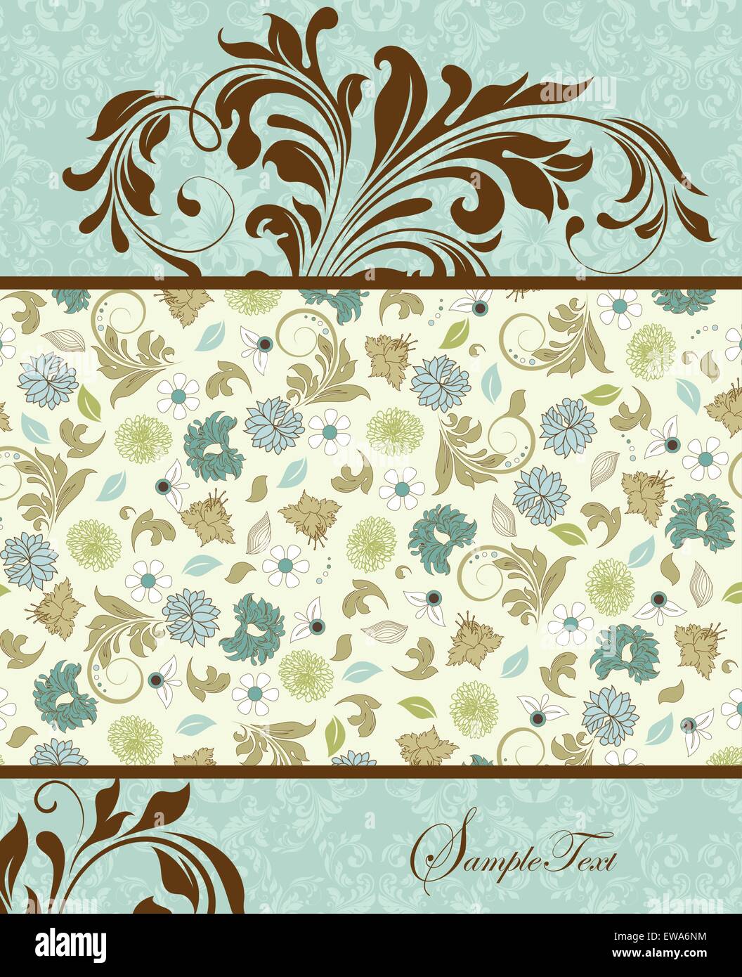 Vintage scheda invito ornato di eleganti astratta Retrò design floreale, multi-colore di fiori e foglie verde pallido Illustrazione Vettoriale