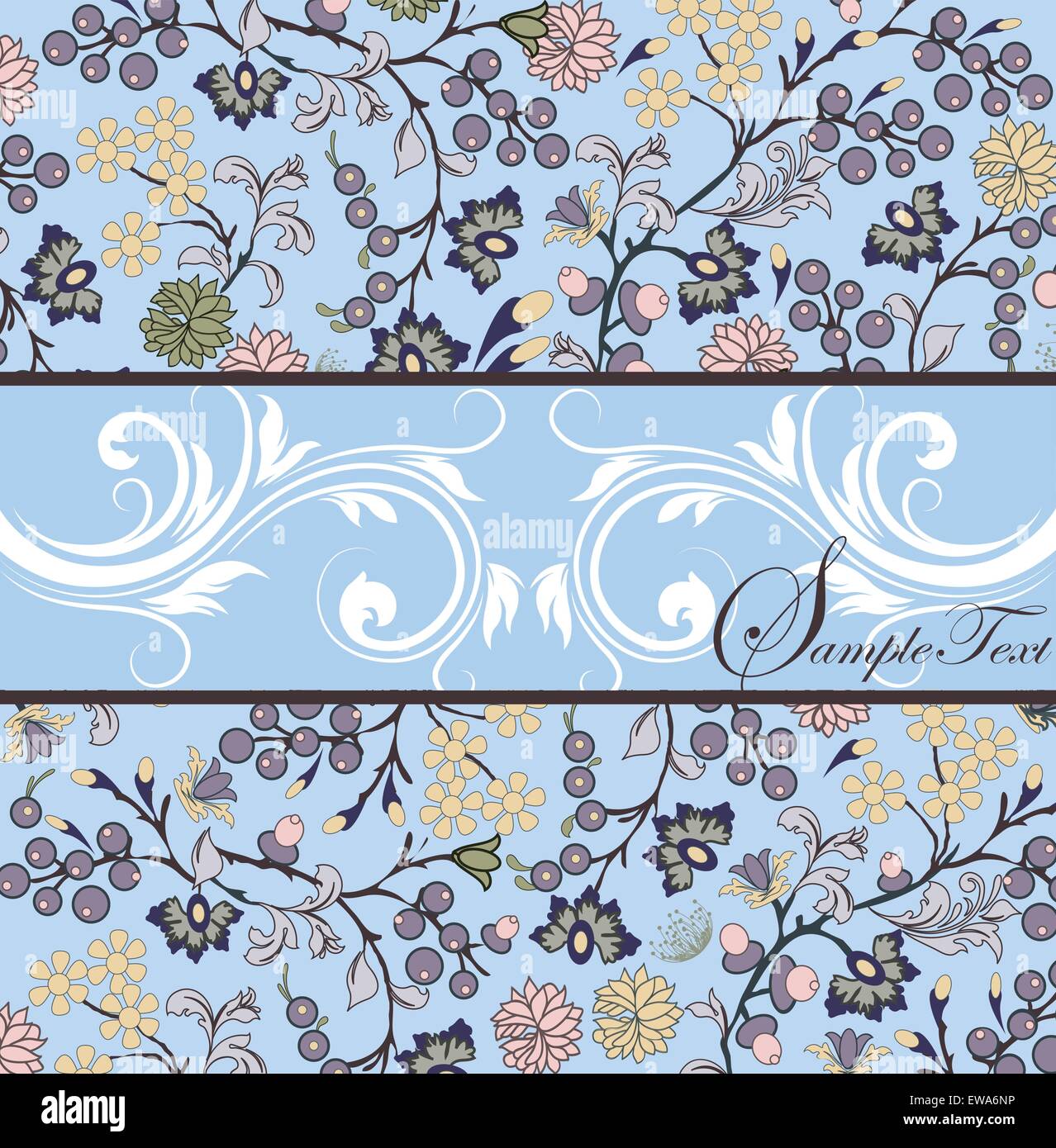 Vintage scheda invito ornato di eleganti astratta Retrò design floreale, multi-colore di fiori e foglie sul blu chiaro Illustrazione Vettoriale