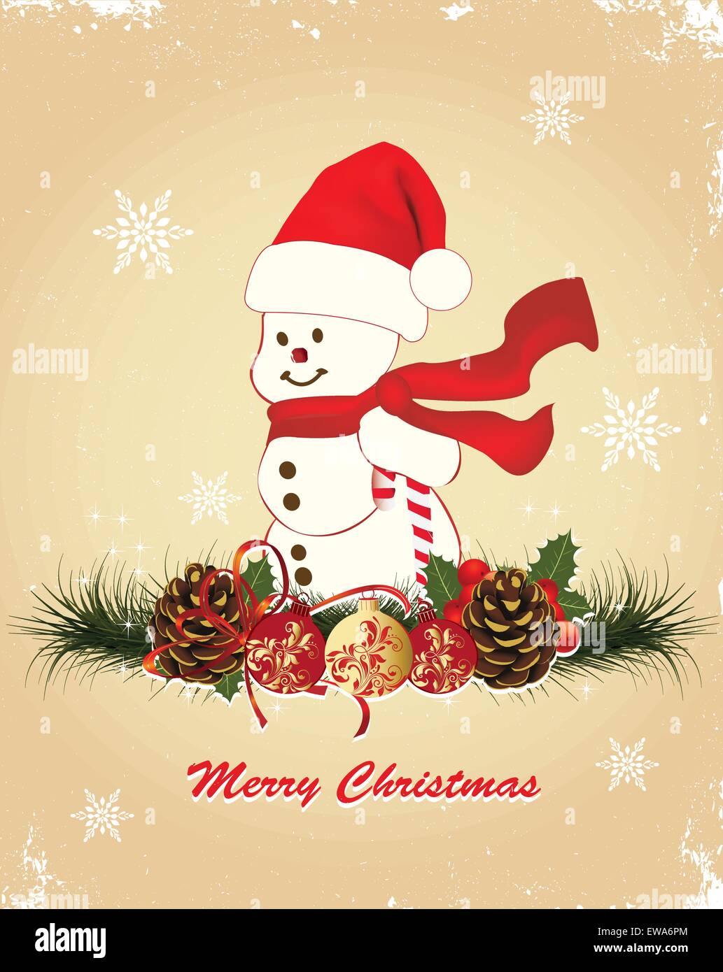 Vintage scheda di Natale ornato di eleganti astratta Retrò design floreale, pupazzo di neve con la Santa Red Hat e sciarpa con sfera con rosso e oro fiori e foglie pigne aghi di pino ponsettia e fiocchi di neve su scratch textured sfondo beige con il testo la Illustrazione Vettoriale