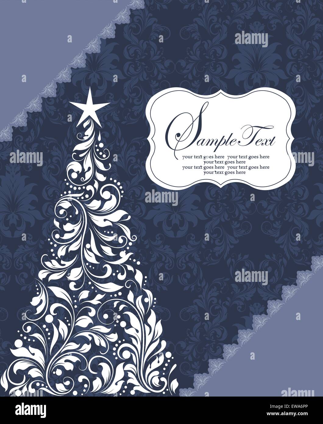 Vintage scheda di Natale ornato di eleganti astratta Retrò design floreale, albero con fiori bianchi e foglie sul grigio bluastro Illustrazione Vettoriale
