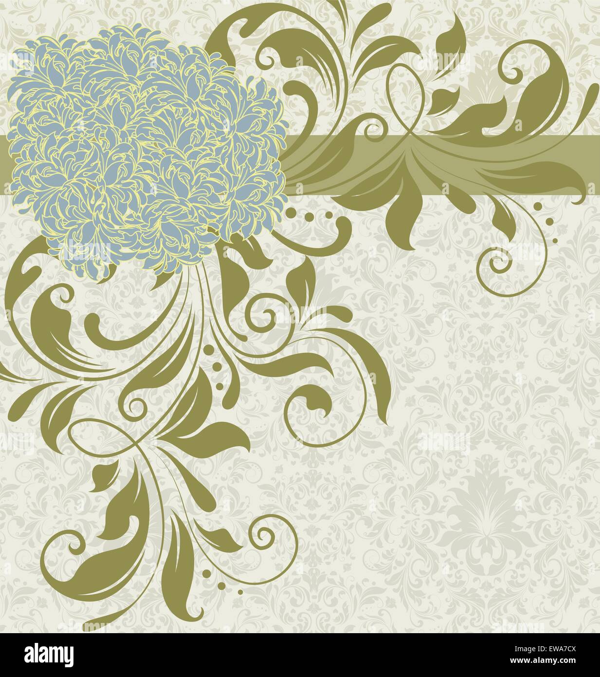 Sfondo Vintage ornato di eleganti astratta Retrò design floreale, lamantino blu e verde oliva fiori e foglie sul sbiadito Illustrazione Vettoriale