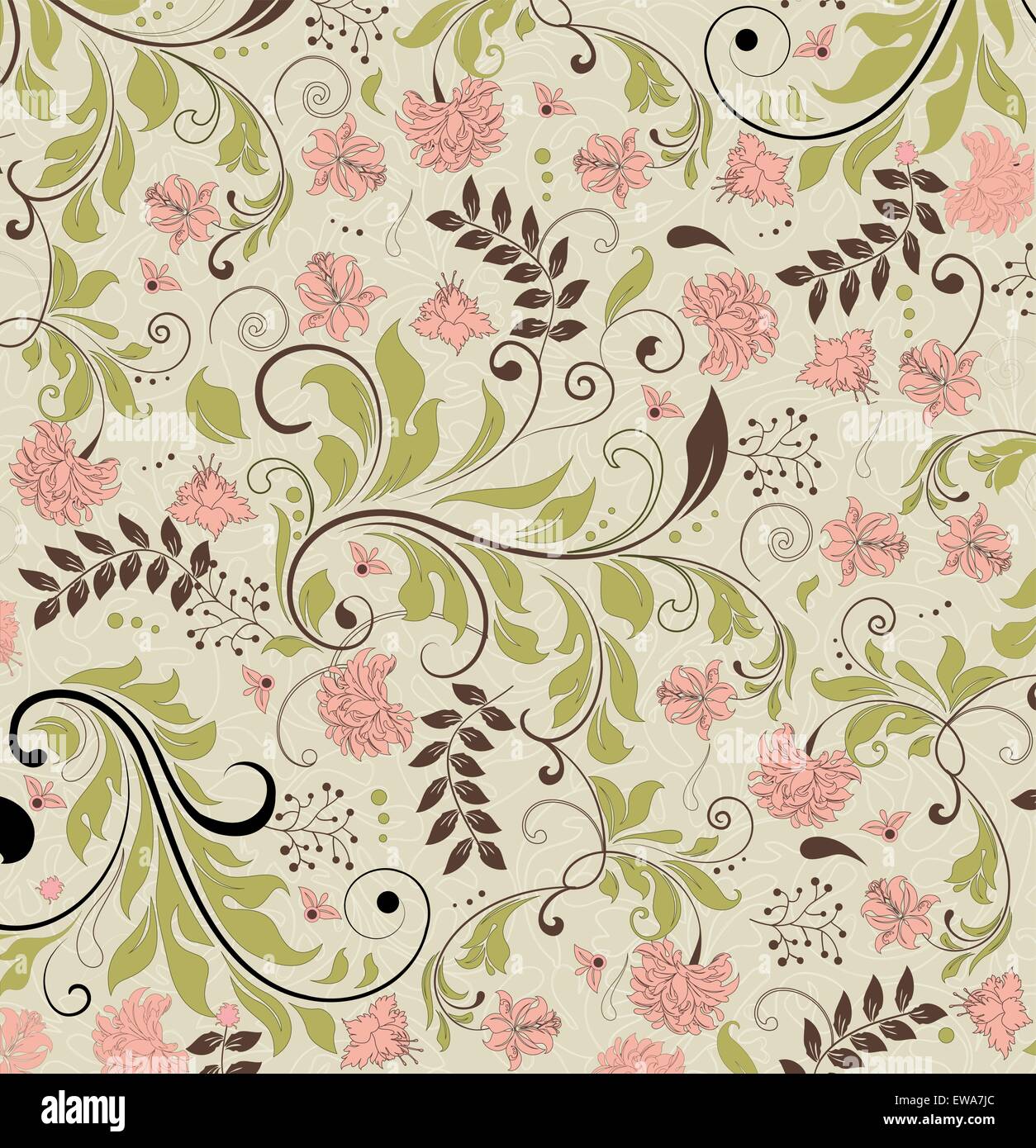 Sfondo Vintage ornato di eleganti astratta Retrò design floreale, multi-colore di fiori e foglie verde pallido sfondo. Illustrazione Vettoriale