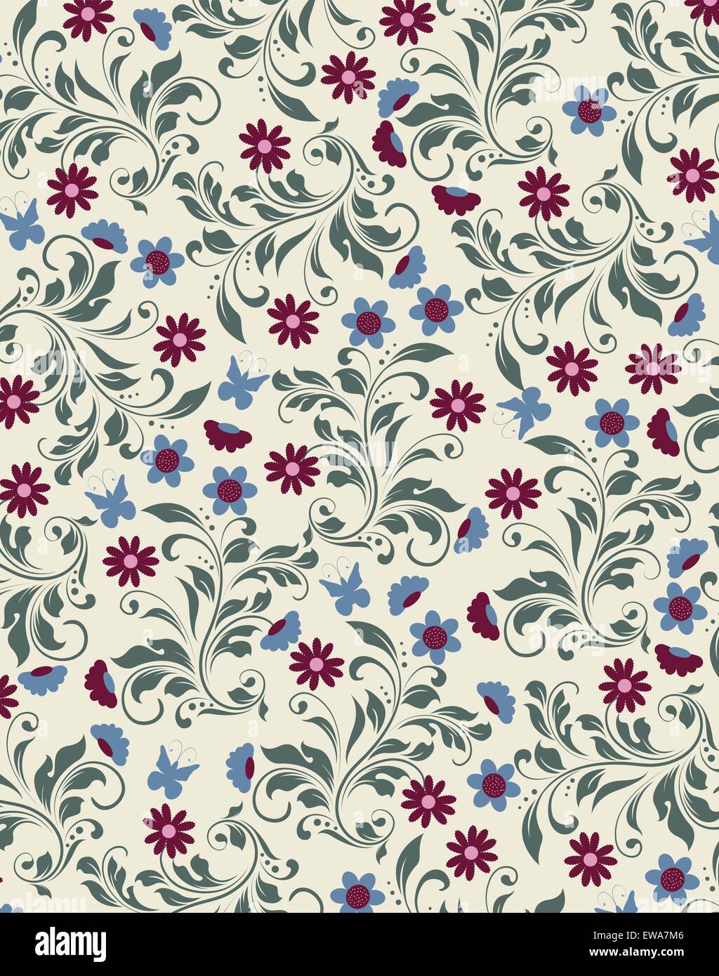 Sfondo Vintage ornato di eleganti astratta Retrò design floreale, viola e Air force blue fiori e foglie verdi con le farfalle su sfondo verde chiaro. Illustrazione Vettoriale. Illustrazione Vettoriale