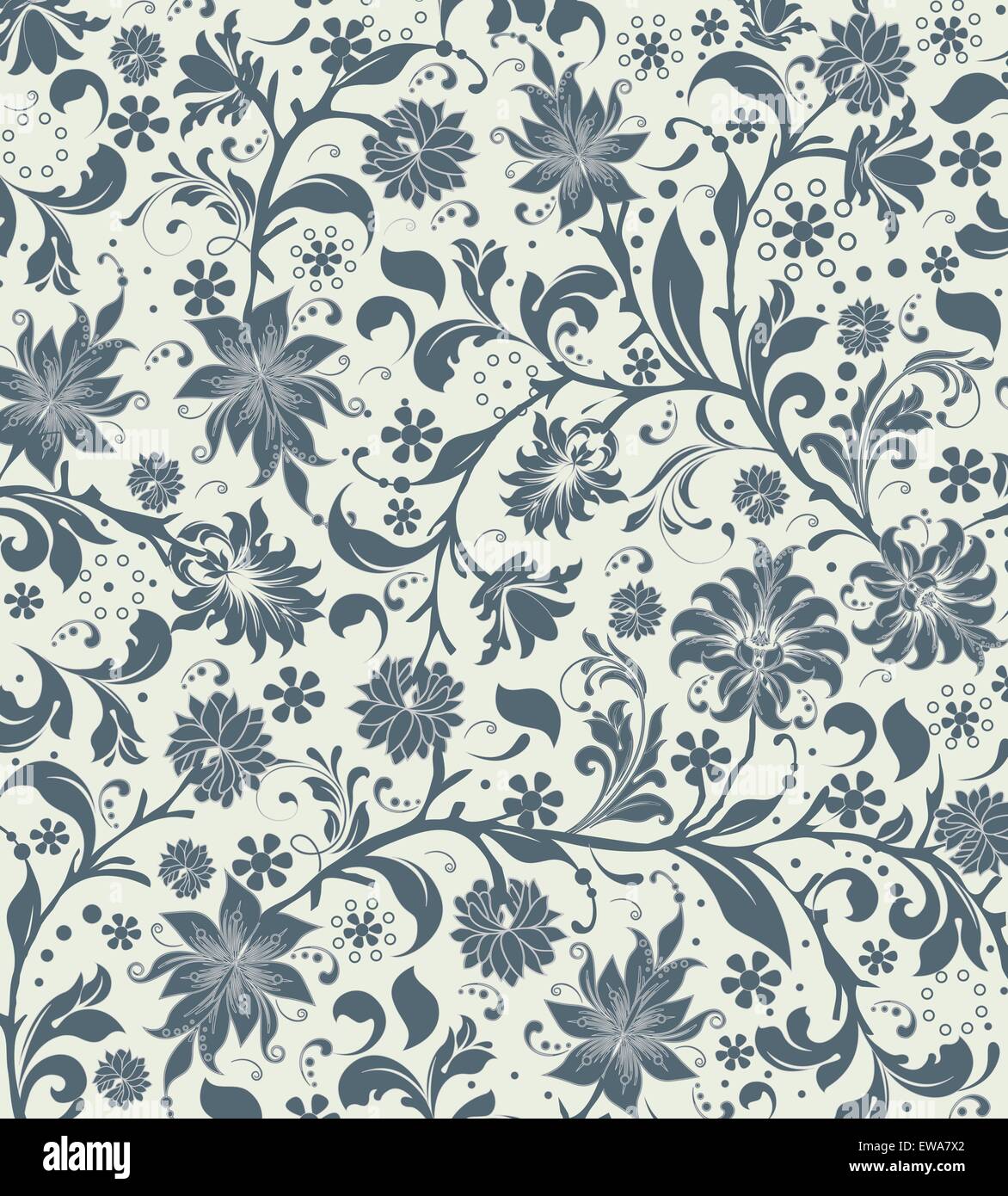 Sfondo Vintage ornato di eleganti astratta Retrò design floreale, blu grigio fiori e foglie verde pallido sfondo Illustrazione Vettoriale