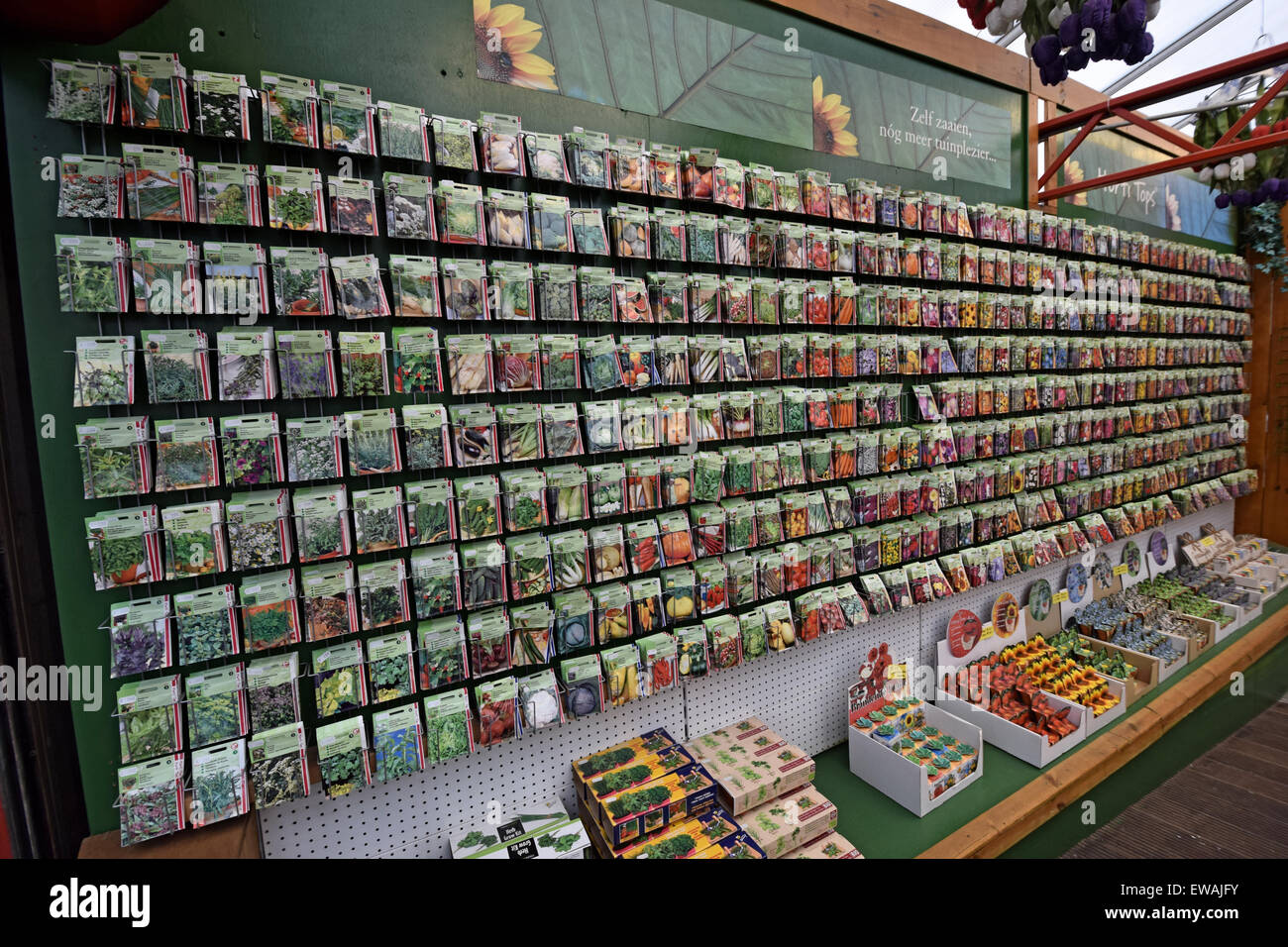 Una varietà di sementi per la vendita in un negozio nel quartiere dei fiori ad Amsterdam, in Olanda. Foto Stock