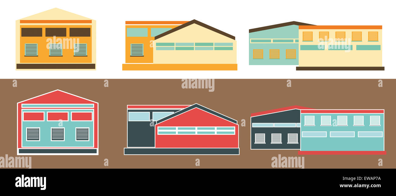 Icone della piana di magazzino e distribuzione degli edifici. Foto Stock