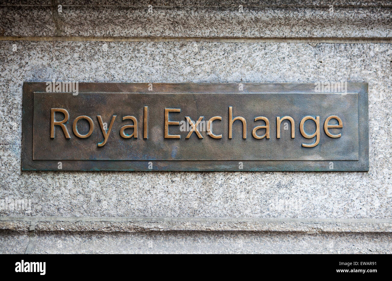 Una lapide sulla parte esterna del Royal Exchange nella città di Londra. Foto Stock