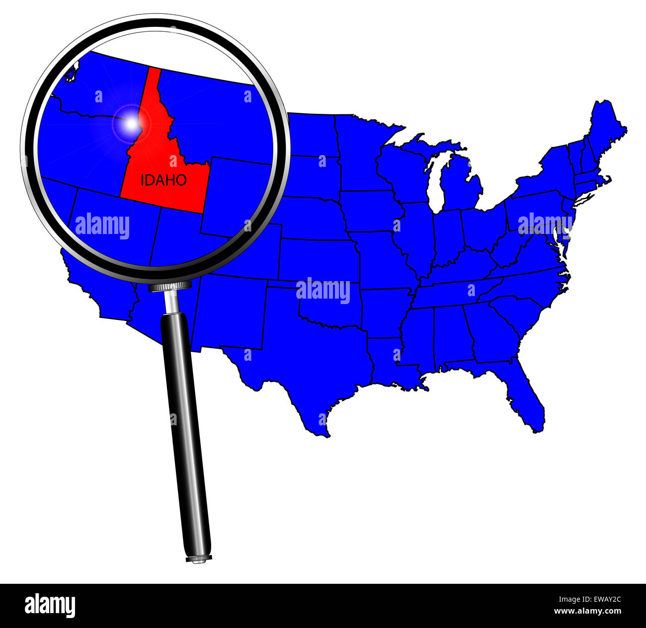 Idaho contorno di stato impostato in una mappa degli Stati Uniti d'America sotto una lente di ingrandimento Foto Stock