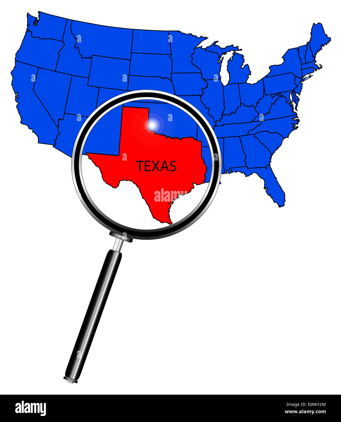 Un contorno mappa degli Stati Uniti d'America con Texas highlited sotto una lente di ingrandimento Foto Stock