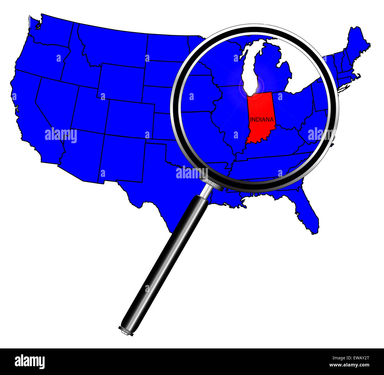 Lo stato dell'Indiana contorno impostato in una mappa degli Stati Uniti d'America sotto una lente di ingrandimento Foto Stock