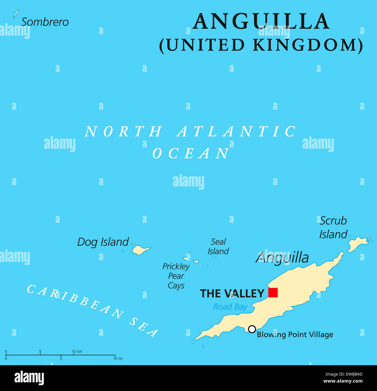 Anguilla Mappa Politico con capitale della valle. British Overseas Territorio nel Mar dei Caraibi a nord delle Isole Sottovento. Foto Stock