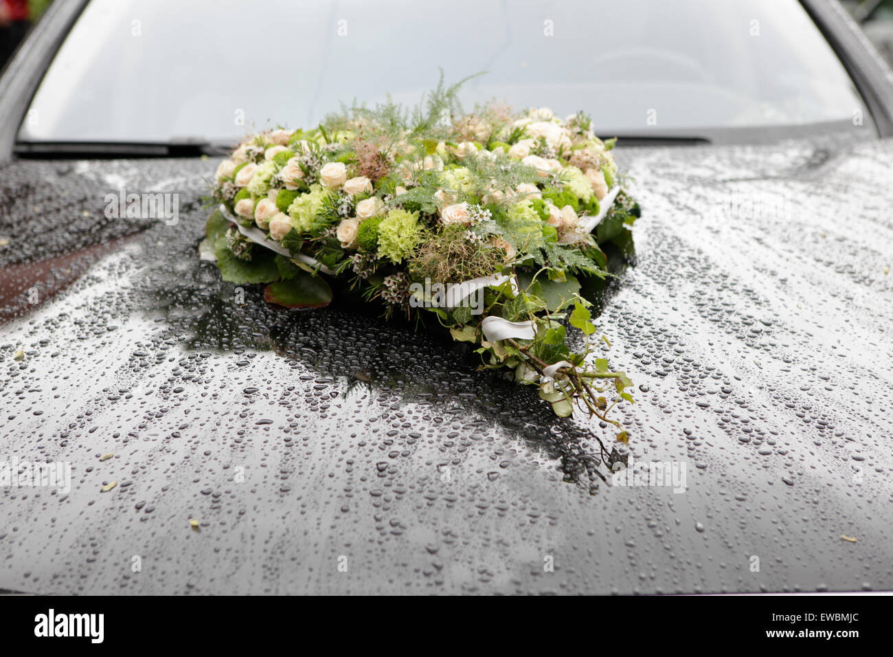 Sul cofano di un auto nera decorazioni di fiori è decorato per un matrimonio. piove Foto Stock