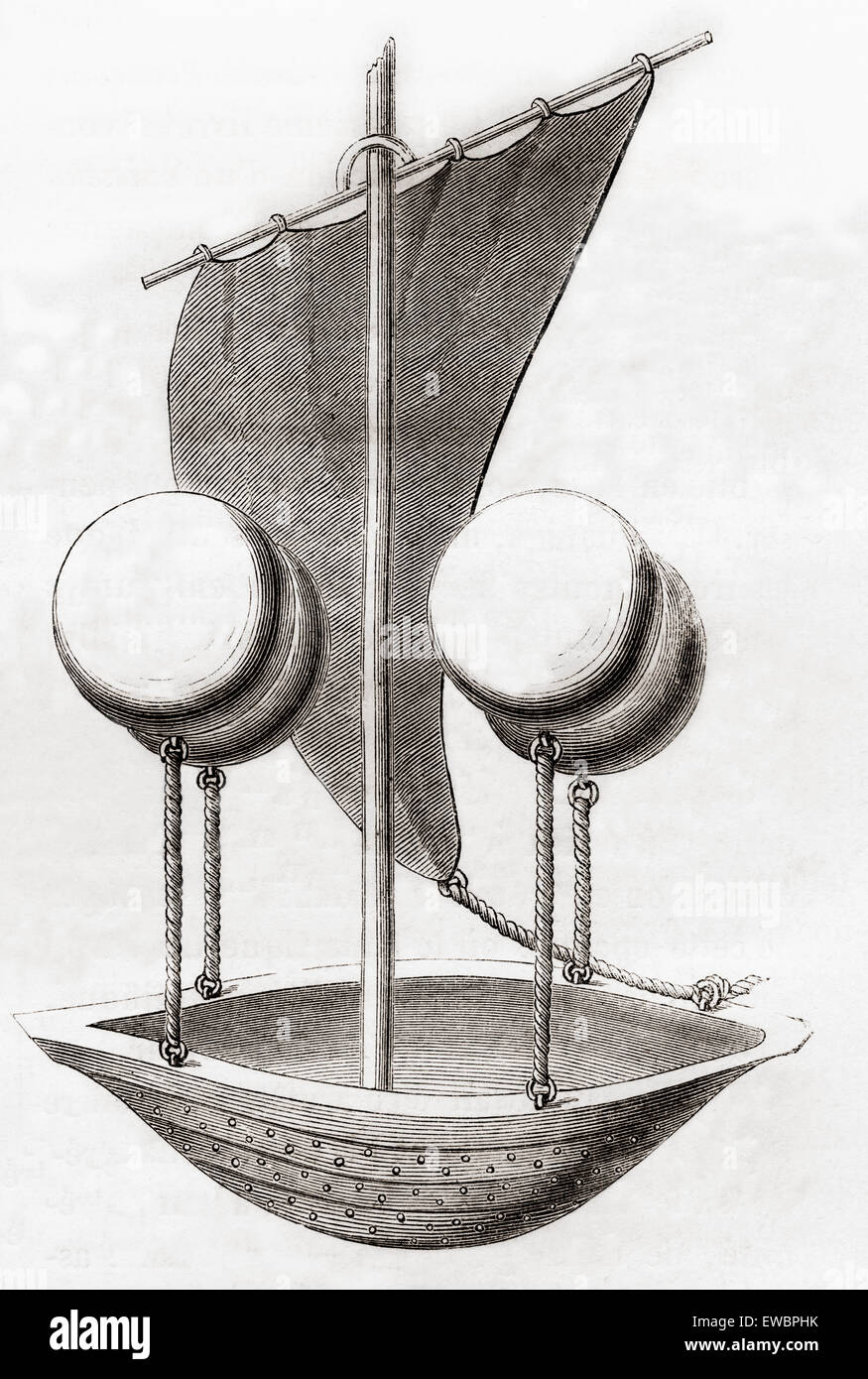 Francesco Lana de Terzi nel suo flying boat concetto c.1670. Francesco Lana de Terzi, 1631 - 1687. Gesuita italiano, Matematico, naturalista e aeronautica Pioneer. Foto Stock