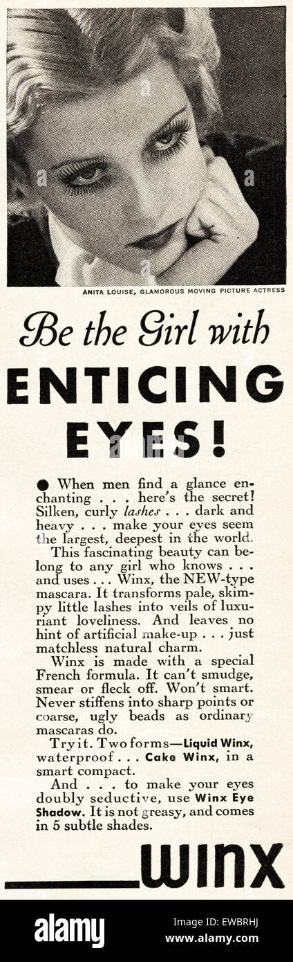 1930s Vintage American annuncio rivista datata novembre 1933 pubblicità WINX mascara eye make up Foto Stock