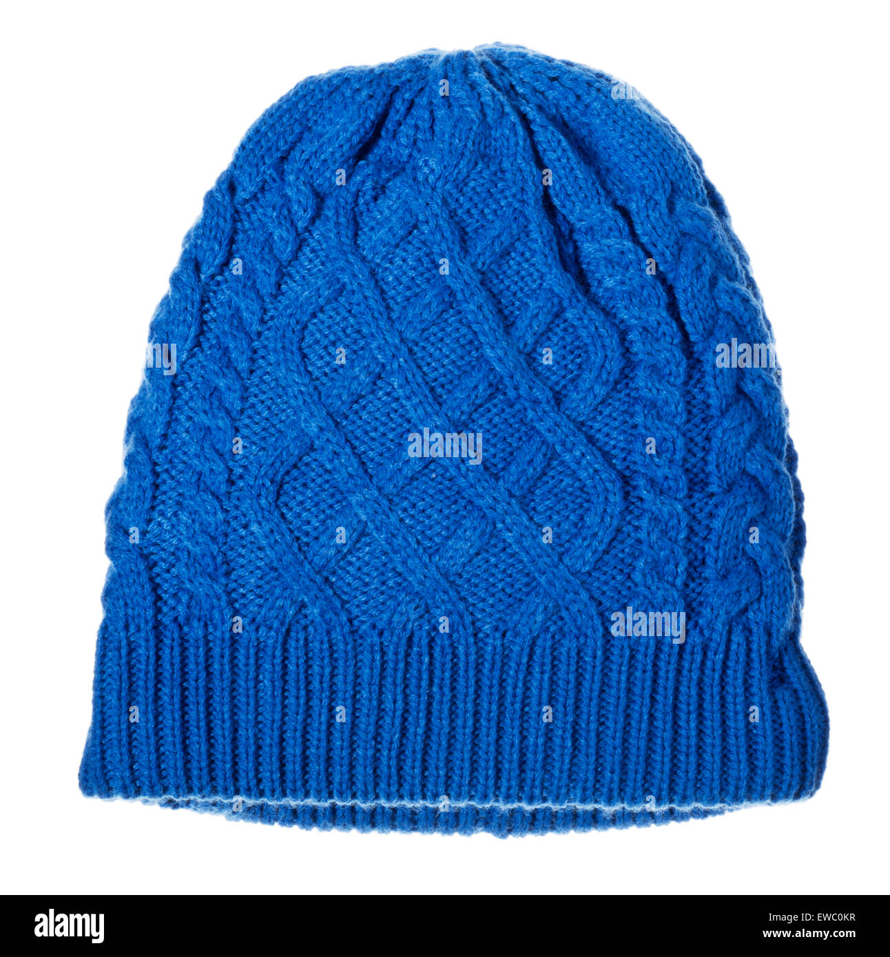 Blu cavo di lana knit beanie hat con racchiusi wireless altoparlanti bluetooth. Foto Stock