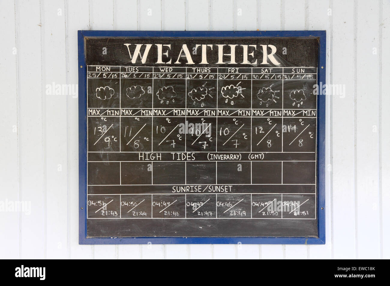 Scottish previsioni meteo su una lavagna, vicino a Inveraray, Scozia Foto Stock