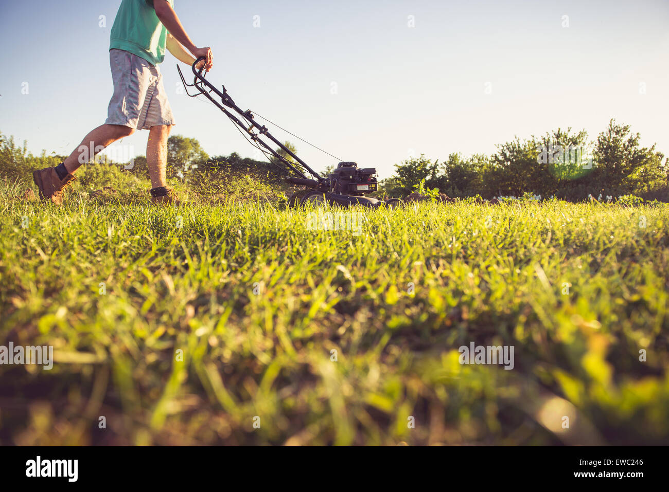 Foto di un giovane uomo di falciare l'erba durante la bella serata. Foto Stock
